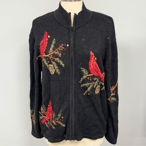 Heirloom Collectibles Cardigan Zip Sweater XL Cardinal Beaded Vtg Holiday Black